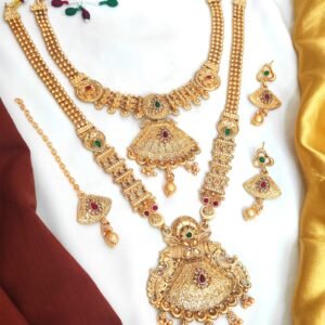 Gold jewellery long set with short necklace and mangtika