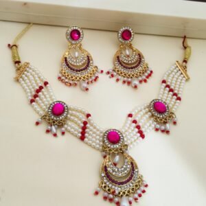 Elegant crystal necklace set featuring pink pearls and diamonds