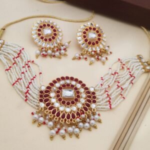 Elegant pearl jewelry set with red and white pearls
